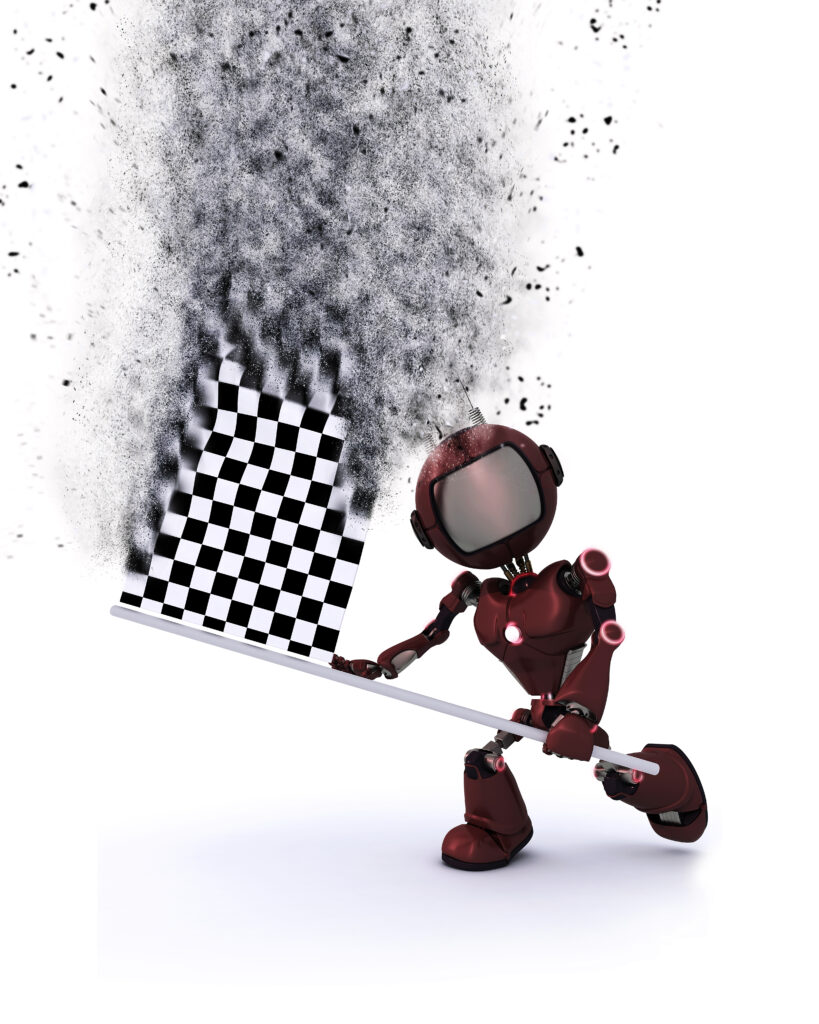 3d robot with chequered flag